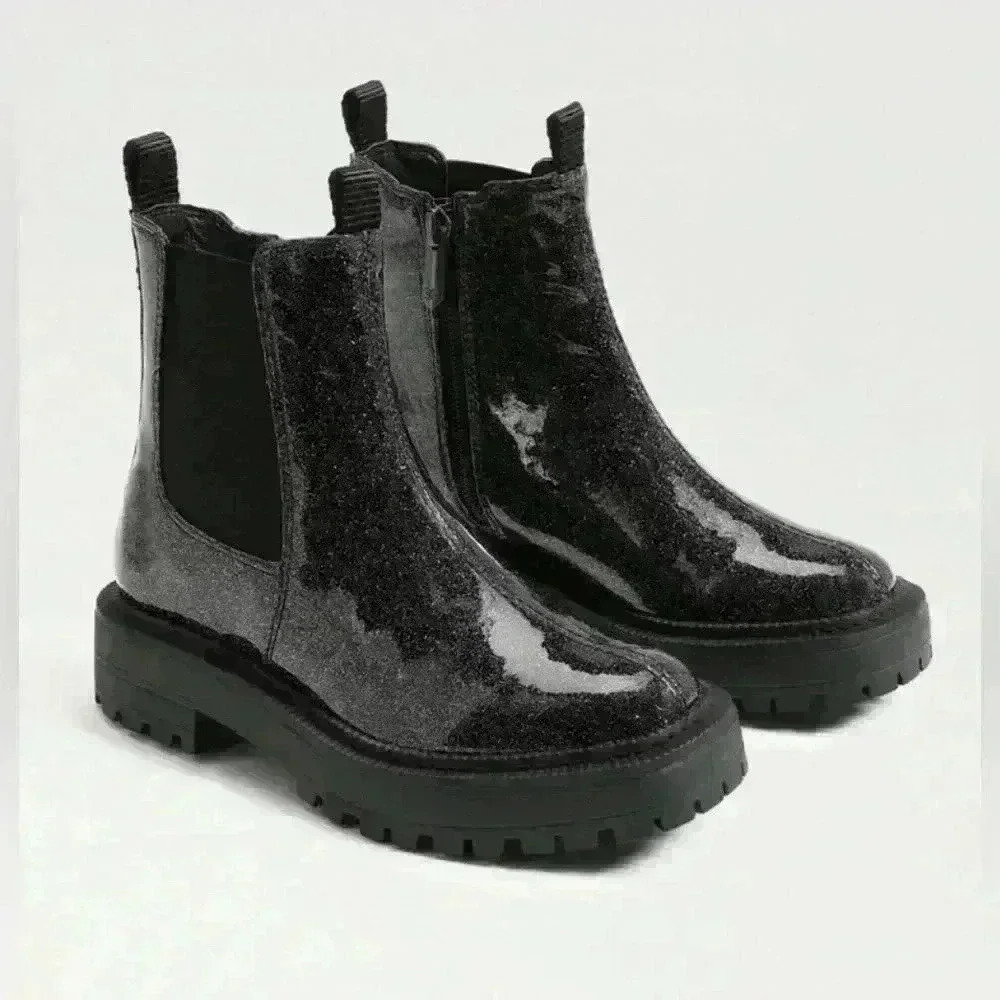 Sam Edelman Girls Black Glitter Laguna Chelsea Boot Combat Sz 4 New